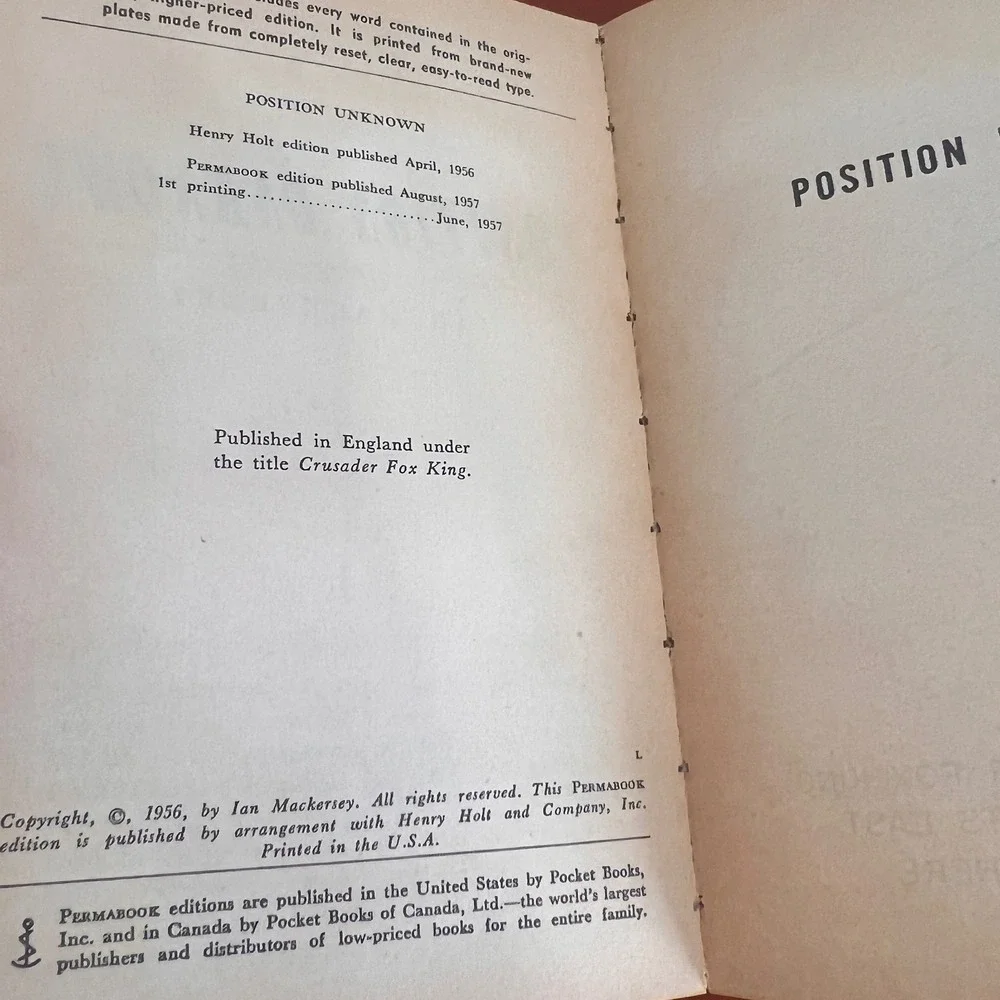 Position Unknown Ian Mackersey Perma Books 1957 Vintage Paperback Survival Novel